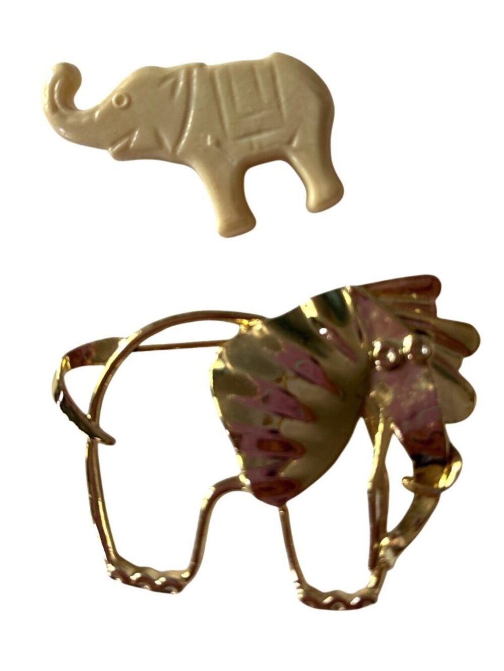Vintage Elephant Brooch Set - Gold-Tone And Cream Plastic Pins
